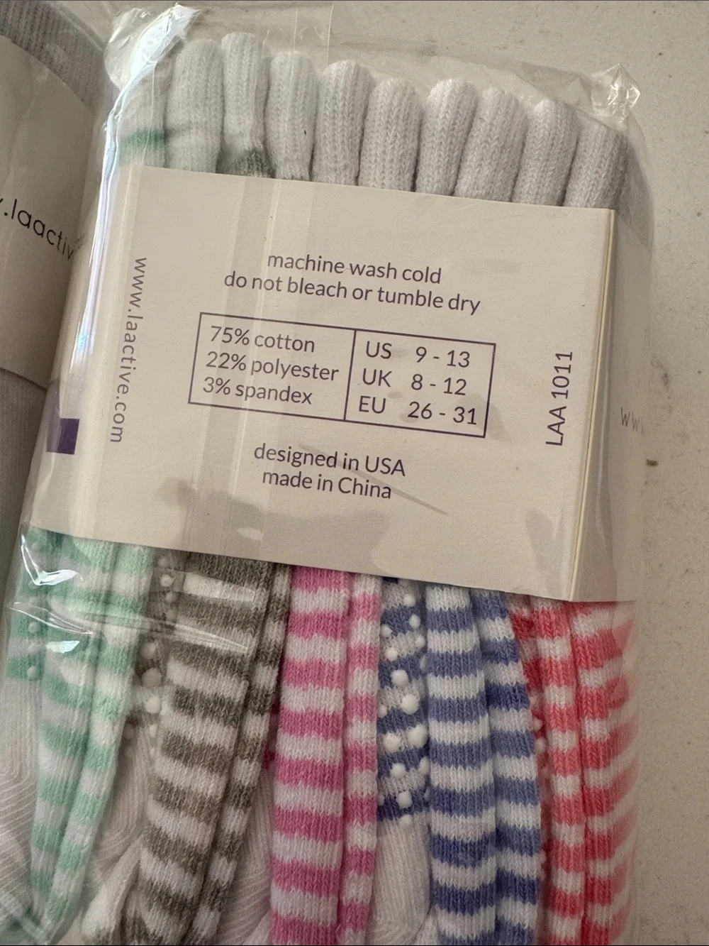 Active USA Kids Knee High Grip Socks - White, Pink & Green Stripes (10 pairs)